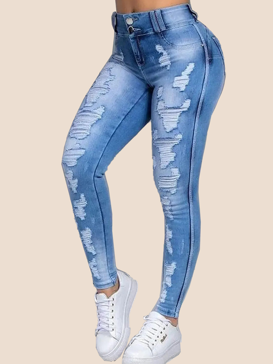 Double-button Ripped Skinny Stretch Jeans