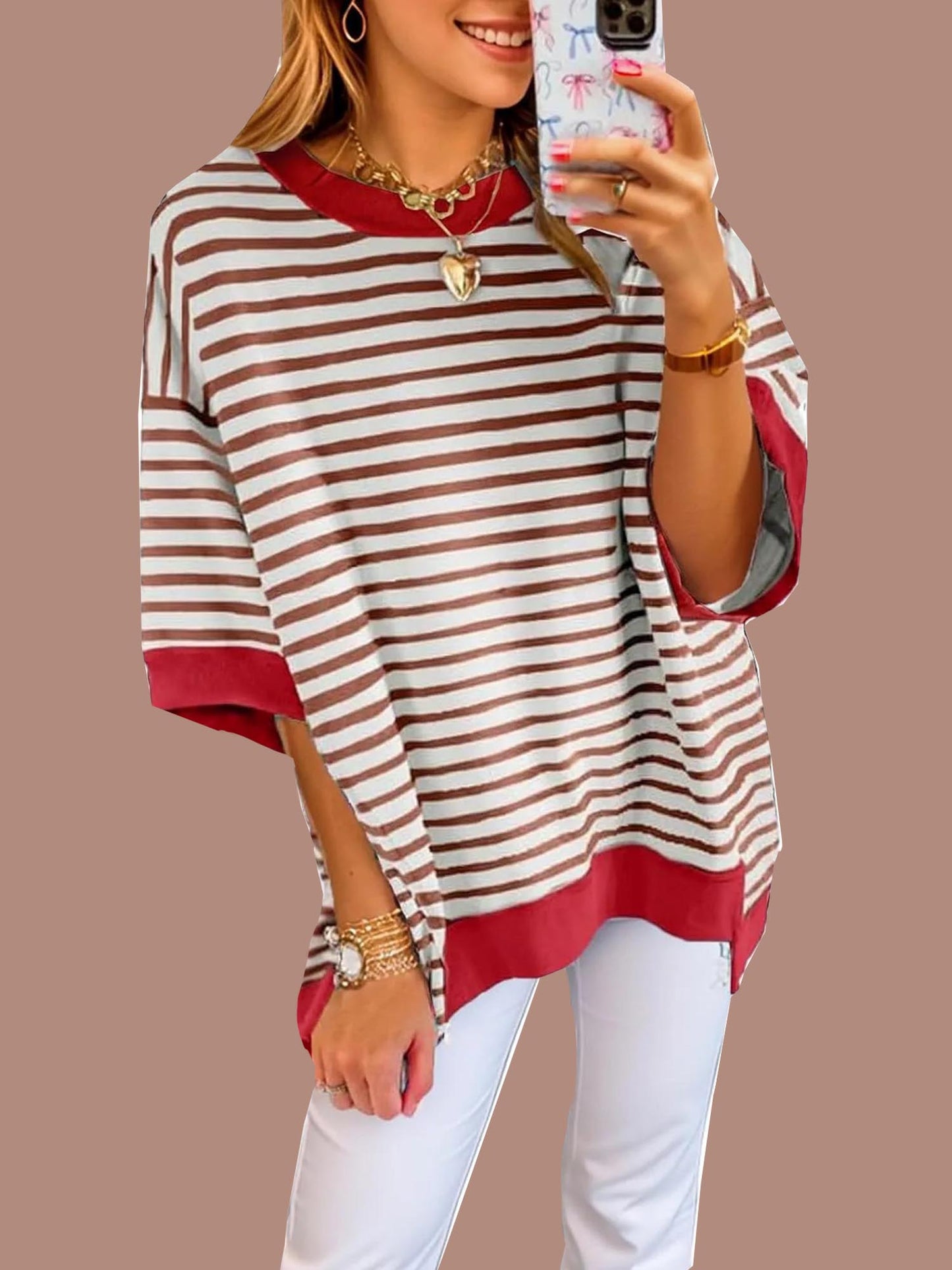 Women's Oversized Striped Color Block Half Sleeve Tops (Buy 2 Free Shipping)