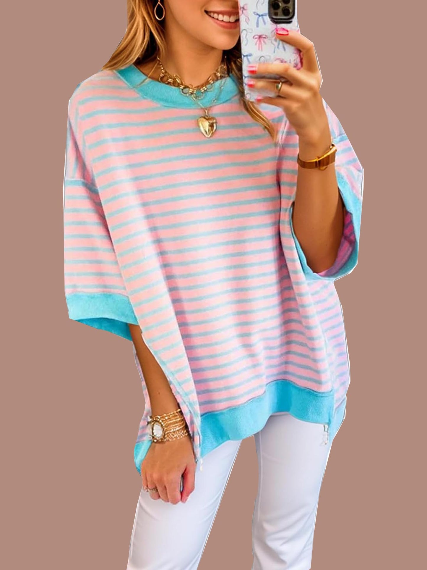 Women's Oversized Striped Color Block Half Sleeve Tops (Buy 2 Free Shipping)