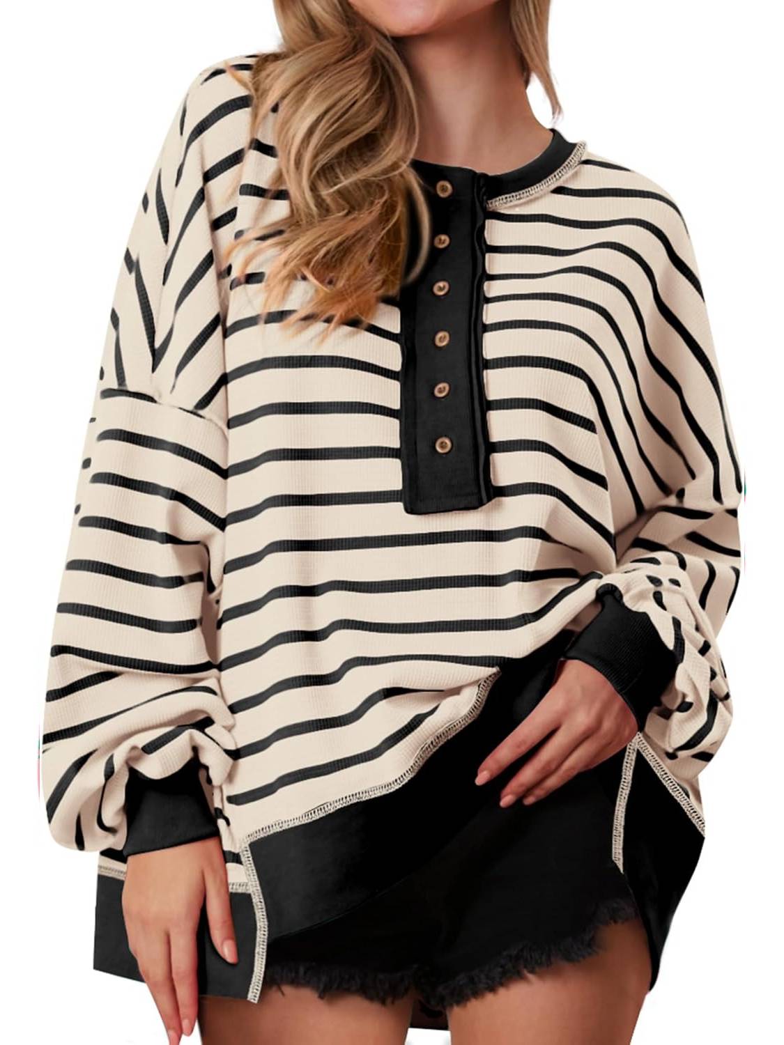 Women's Oversized Striped Button Up Henley Neck Waffle Knit Pullover (Buy 2 Free Shipping)