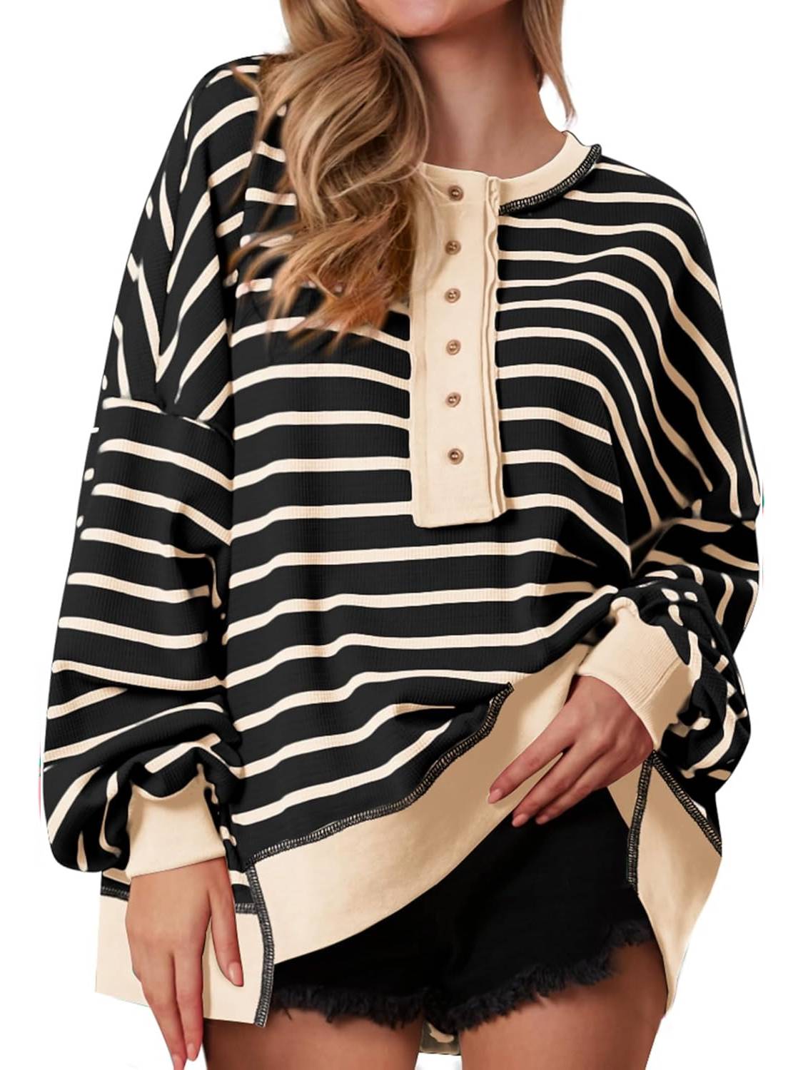 Women's Oversized Striped Button Up Henley Neck Waffle Knit Pullover (Buy 2 Free Shipping)