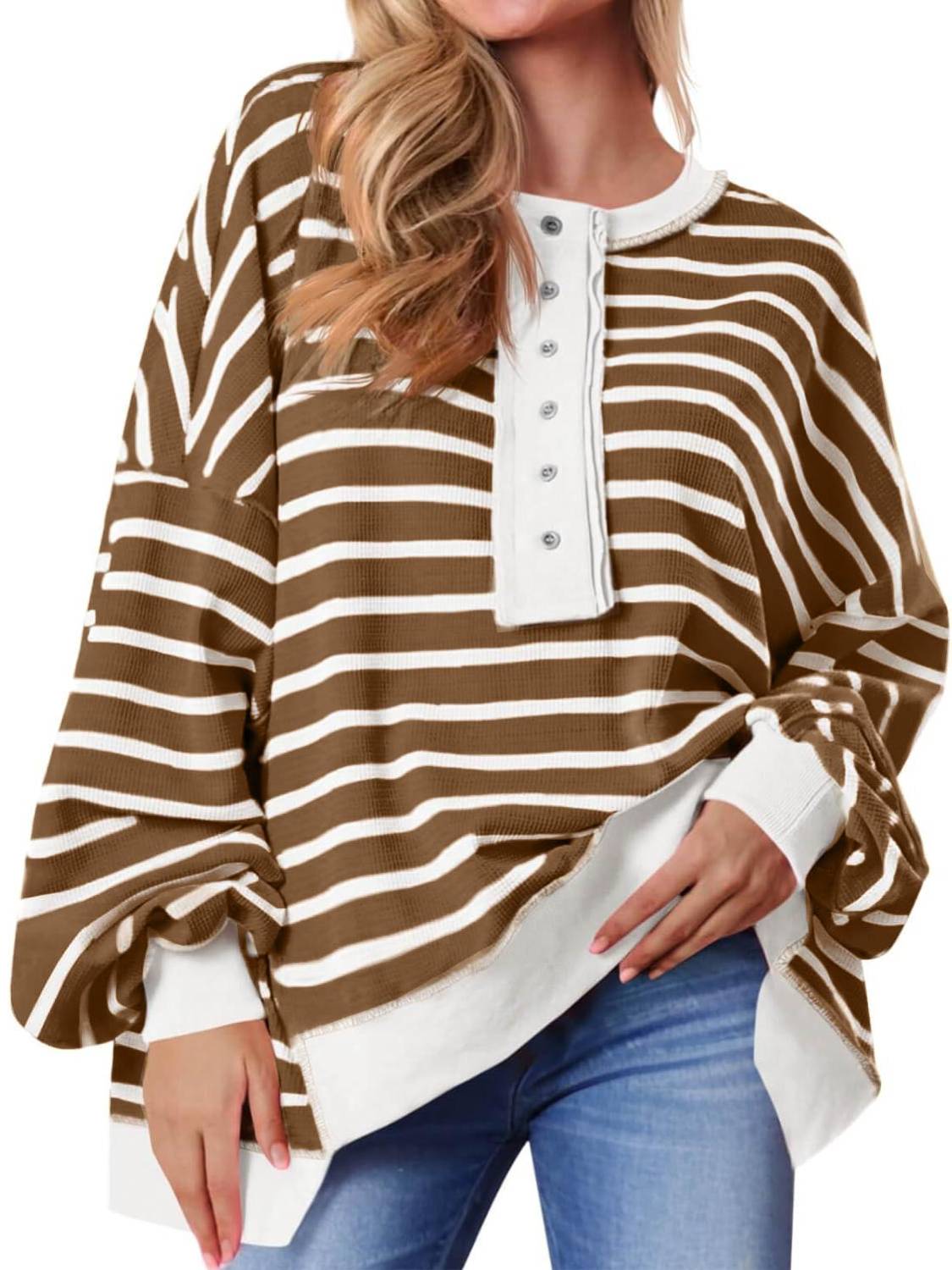 Women's Oversized Striped Button Up Henley Neck Waffle Knit Pullover (Buy 2 Free Shipping)