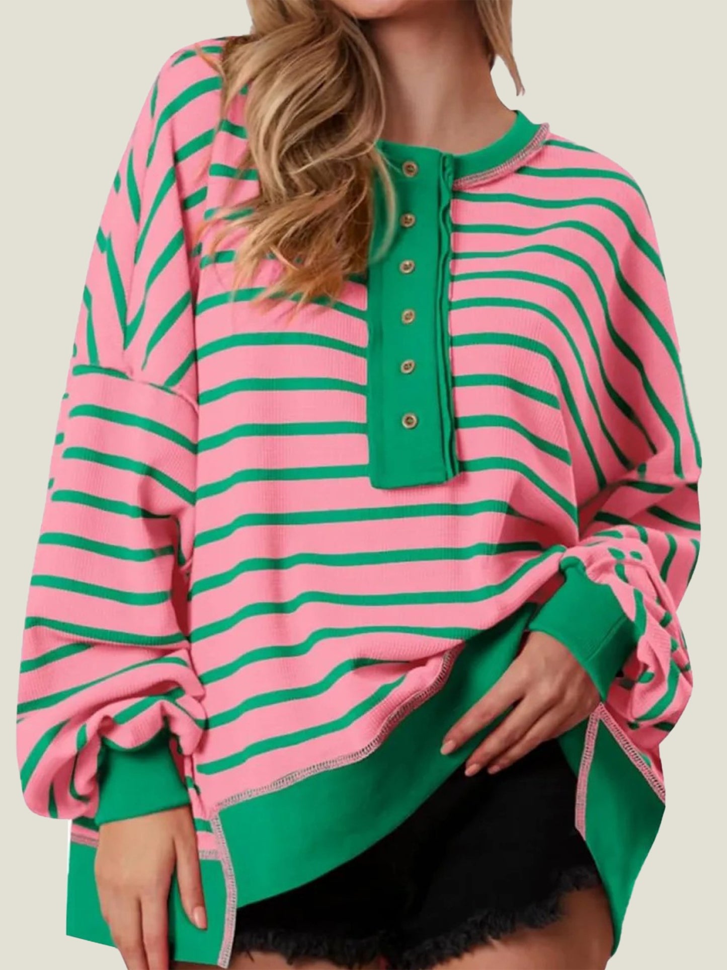 Women's Oversized Striped Button Up Henley Neck Waffle Knit Pullover (Buy 2 Free Shipping)