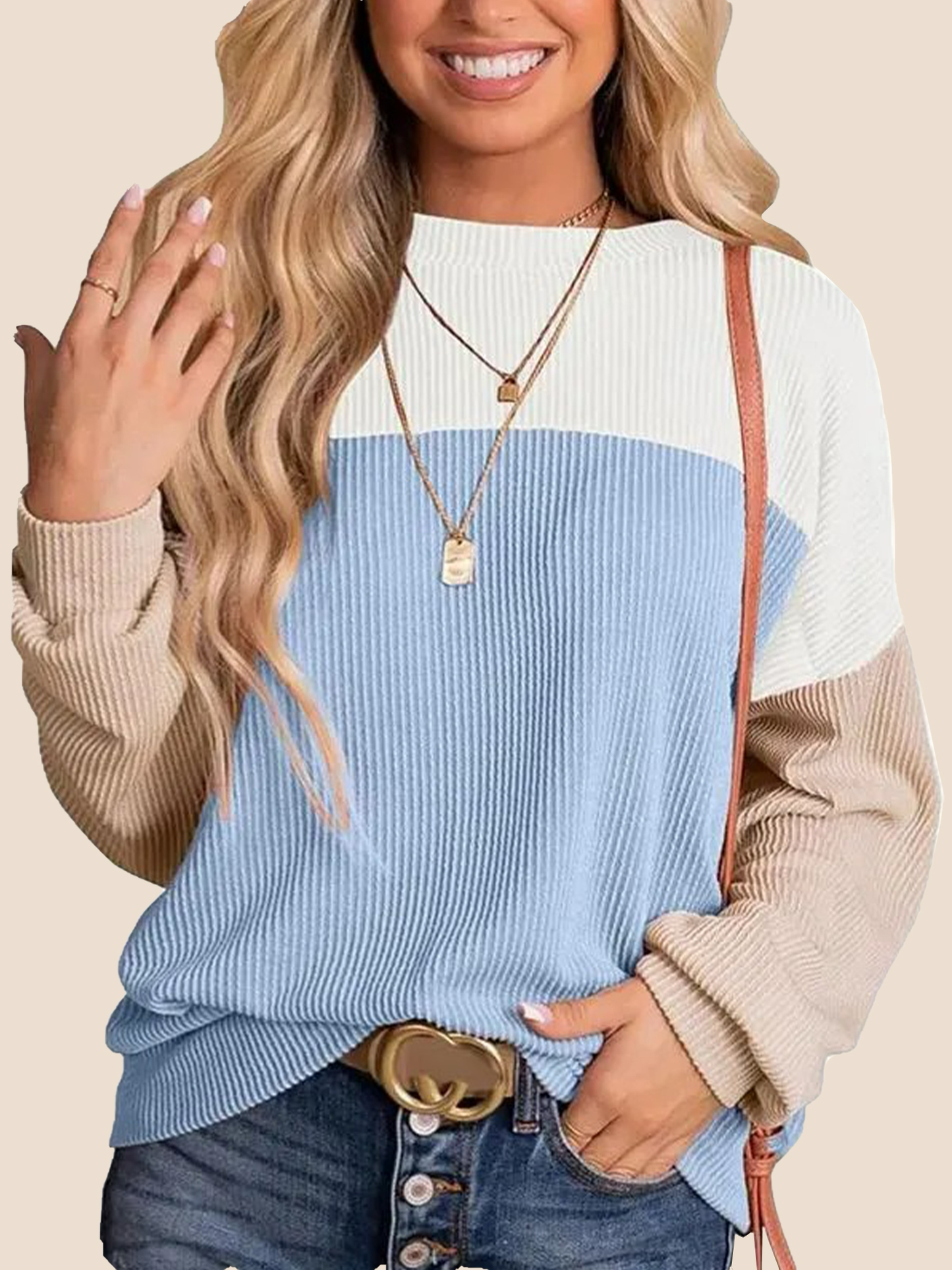 Women's Crewneck Color Block Ribbed Tops (Buy 2 Free Shipping)