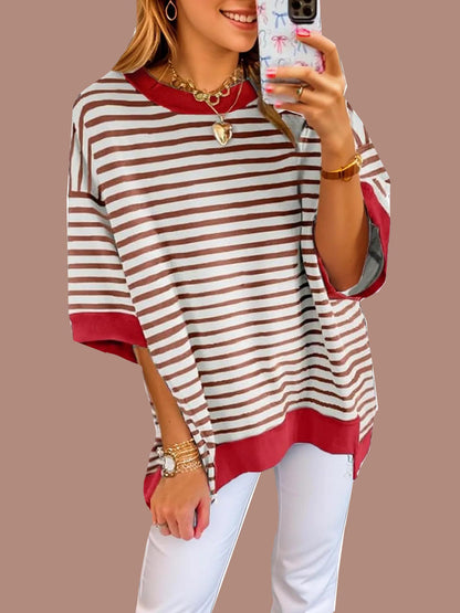Women's Oversized Striped Color Block Half Sleeve Tops (Buy 2 Free Shipping)