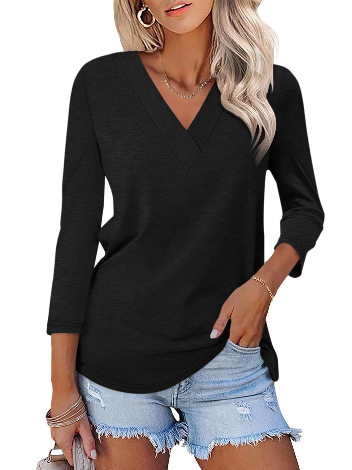 Women's 3/4 Length Sleeves V Neck Basic Tops (Buy 3 Free Shipping)