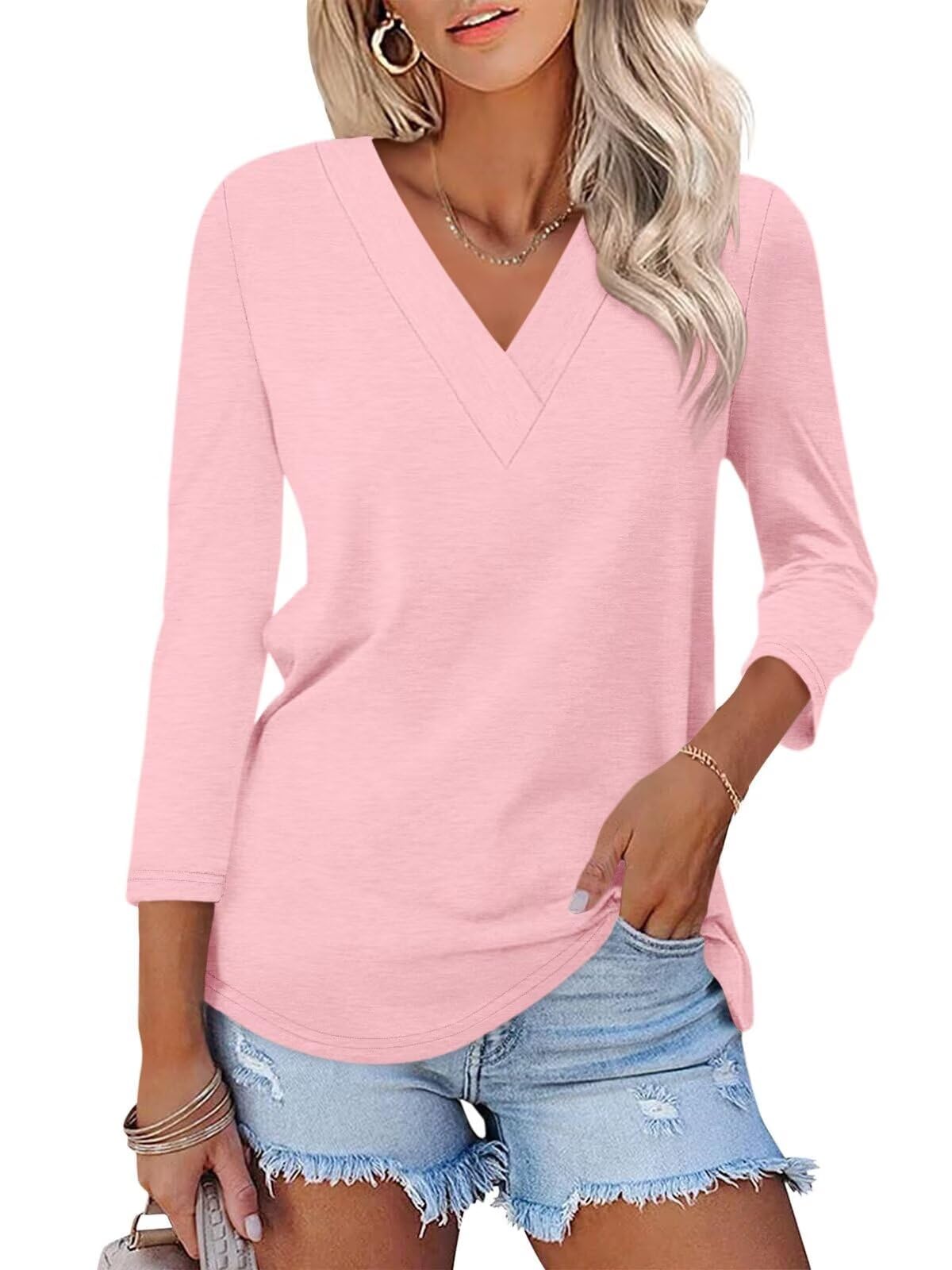 Women's 3/4 Length Sleeves V Neck Basic Tops (Buy 3 Free Shipping)