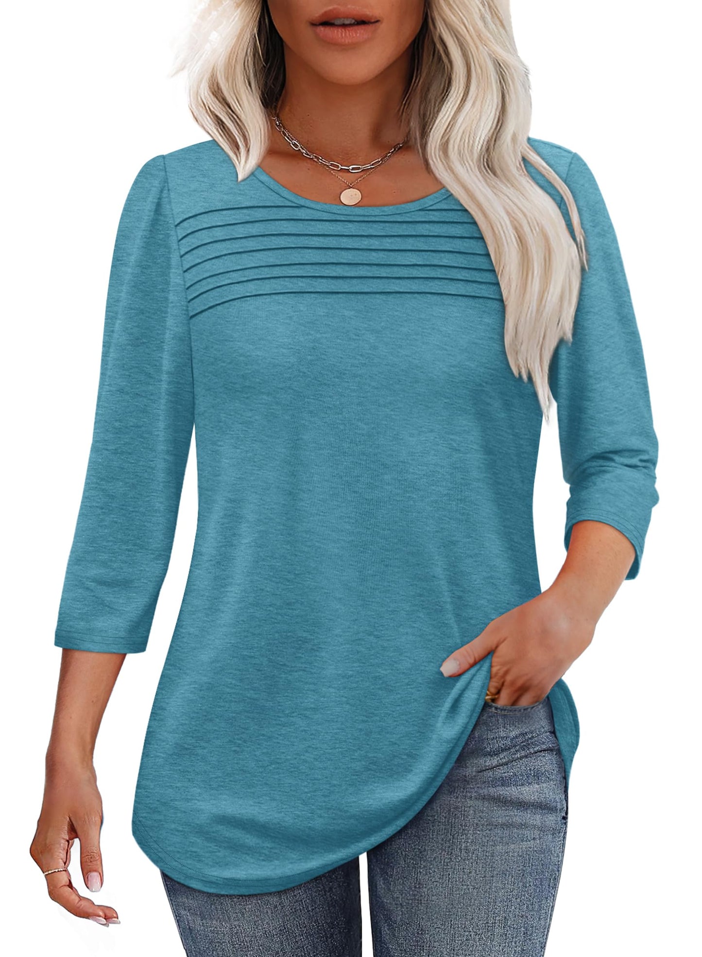 Women's 3/4 Length Sleeve Top Pleated Front T-Shirt (Buy 3 Free Shipping)
