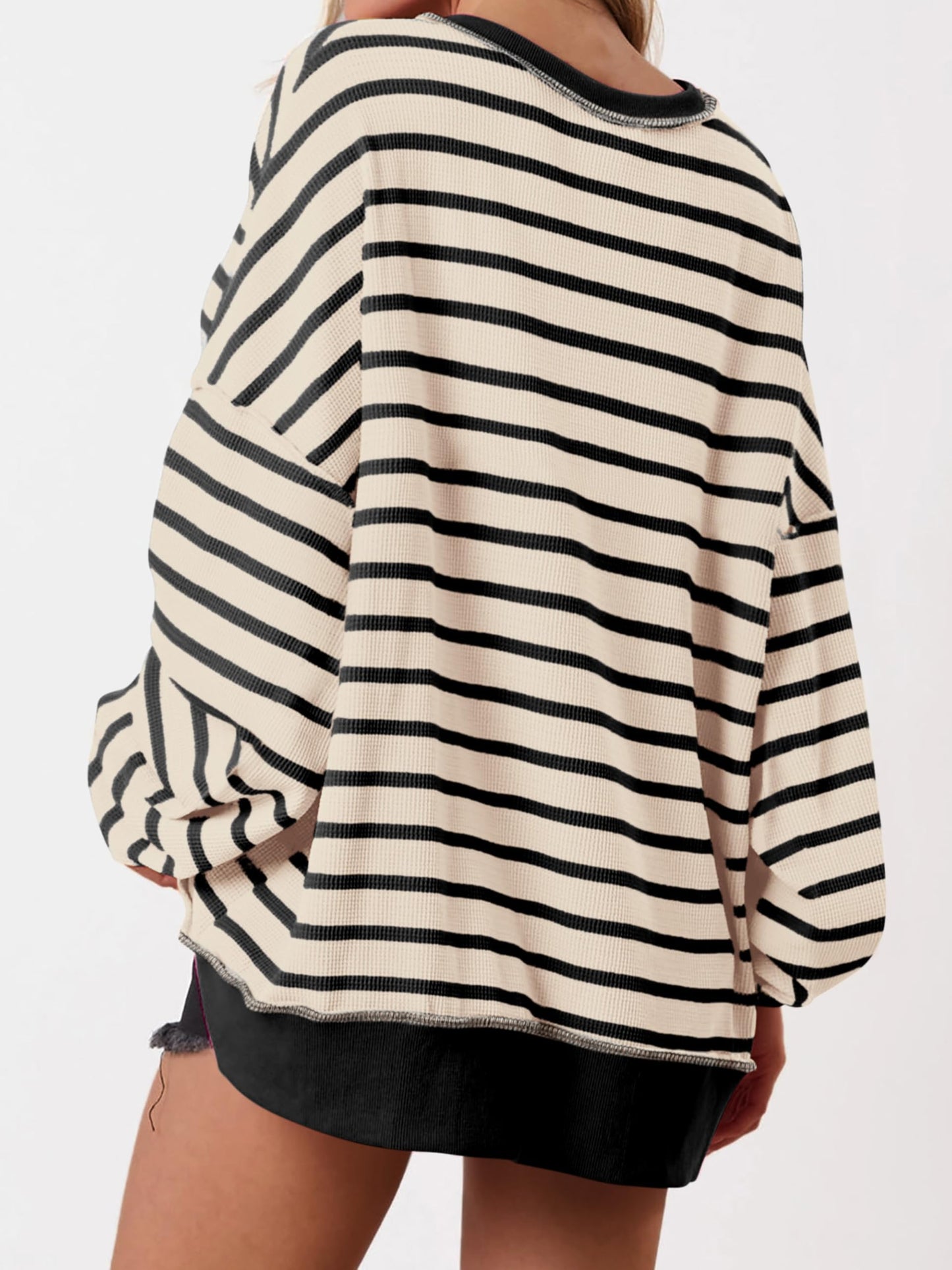 Women's Oversized Striped Button Up Henley Neck Waffle Knit Pullover (Buy 2 Free Shipping)
