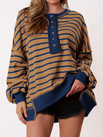 Women's Oversized Striped Button Up Henley Neck Waffle Knit Pullover (Buy 2 Free Shipping)