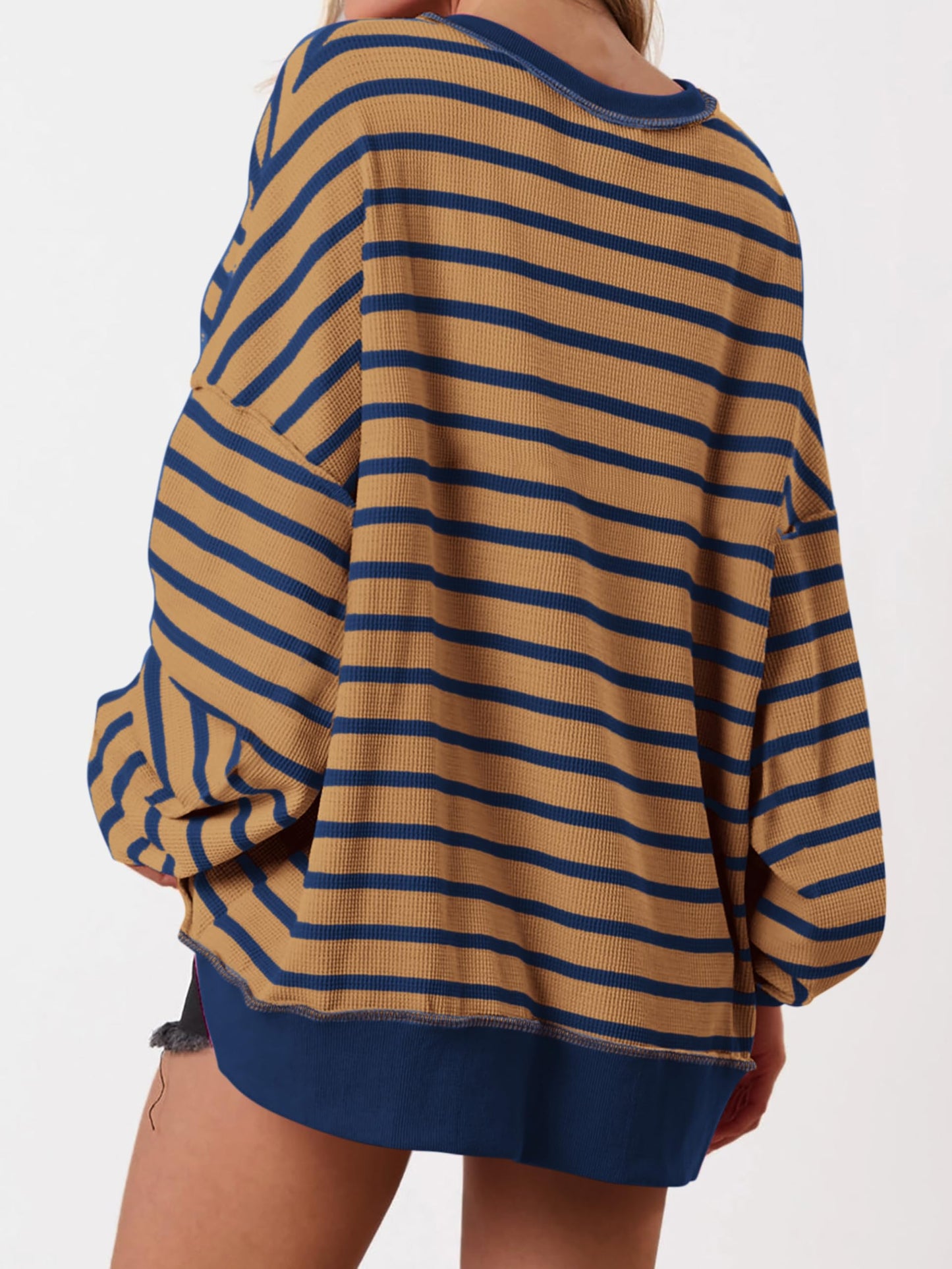 Women's Oversized Striped Button Up Henley Neck Waffle Knit Pullover (Buy 2 Free Shipping)