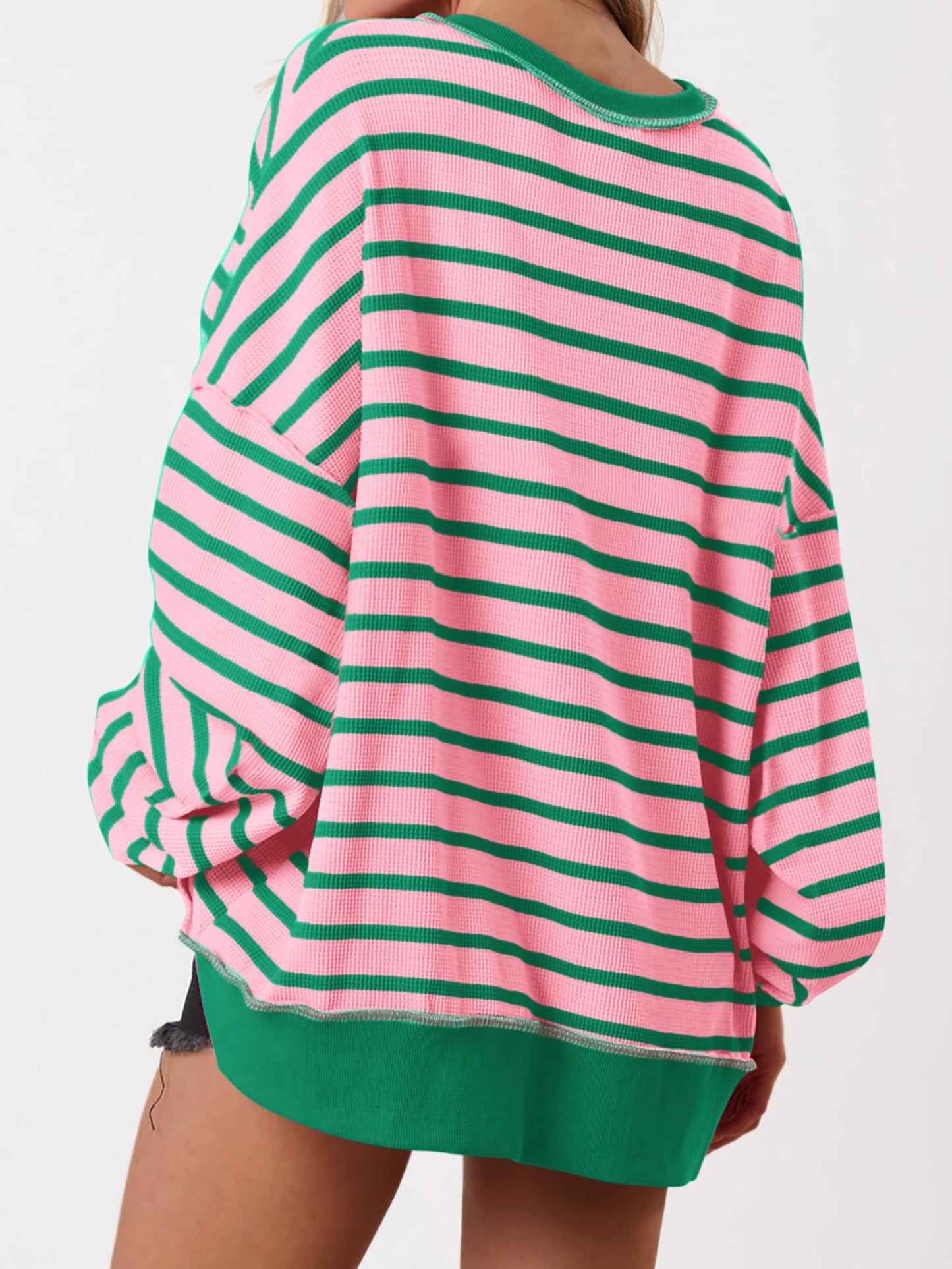 Women's Oversized Striped Button Up Henley Neck Waffle Knit Pullover (Buy 2 Free Shipping)