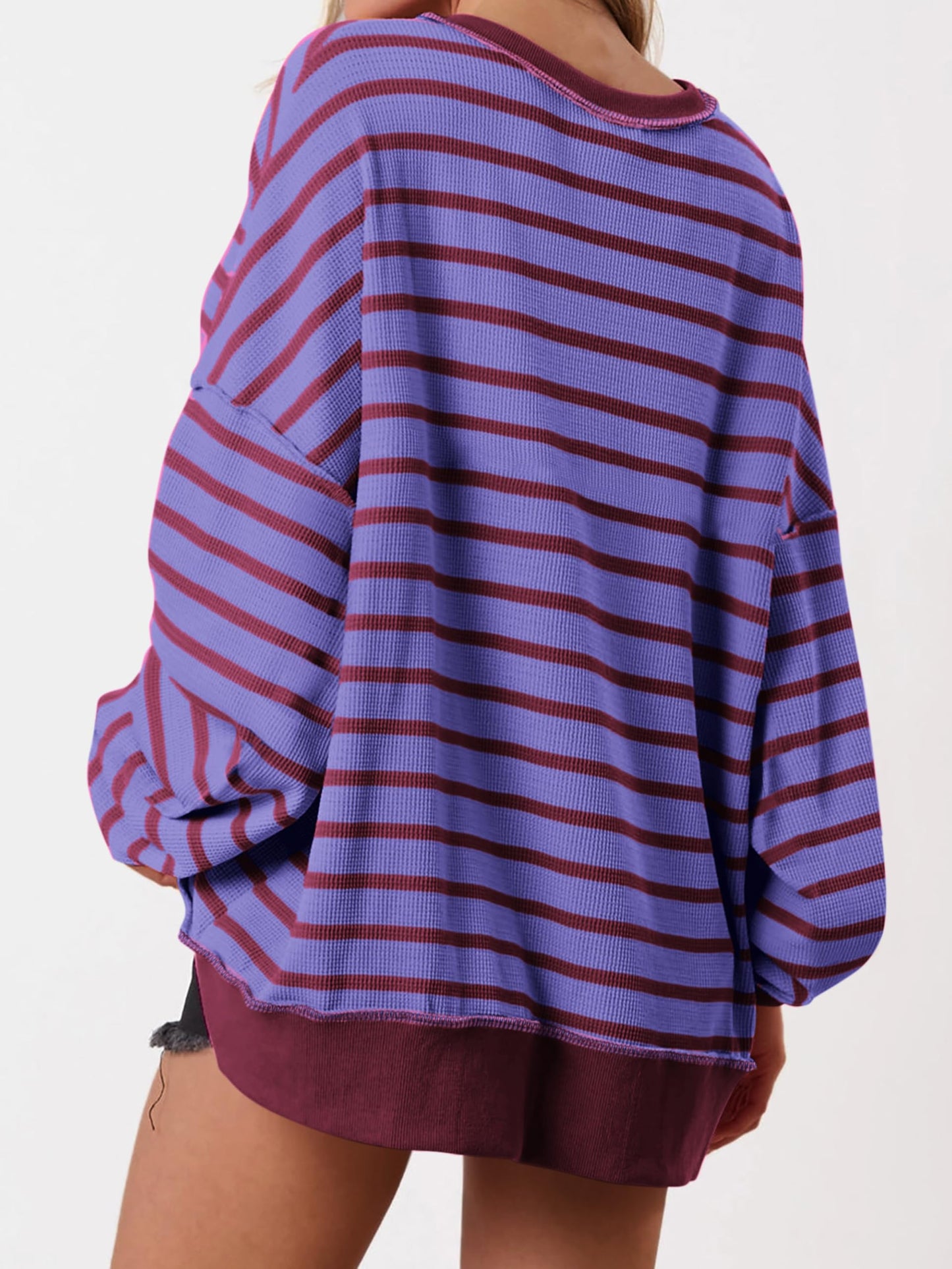 Women's Oversized Striped Button Up Henley Neck Waffle Knit Pullover (Buy 2 Free Shipping)