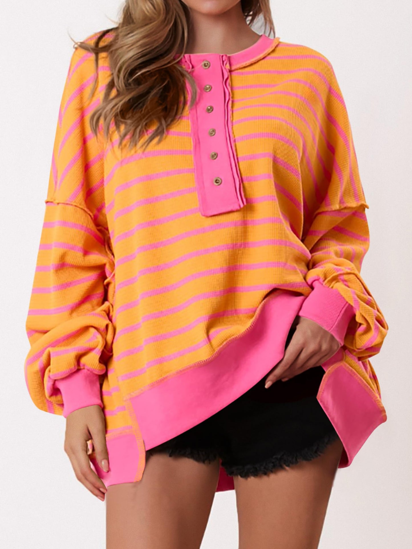 Women's Oversized Striped Button Up Henley Neck Waffle Knit Pullover (Buy 2 Free Shipping)