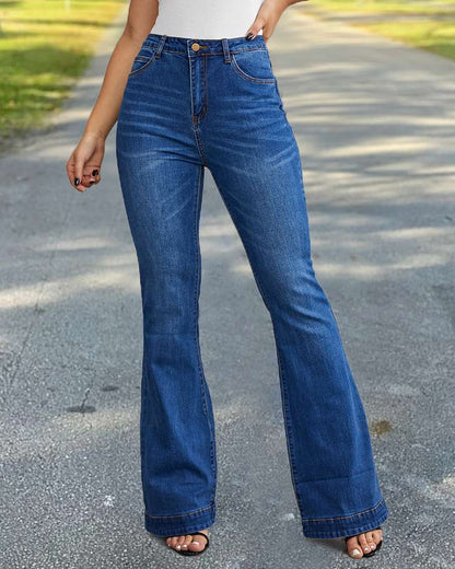 Ladies Flared High Waist Denim Button Stretch Trousers