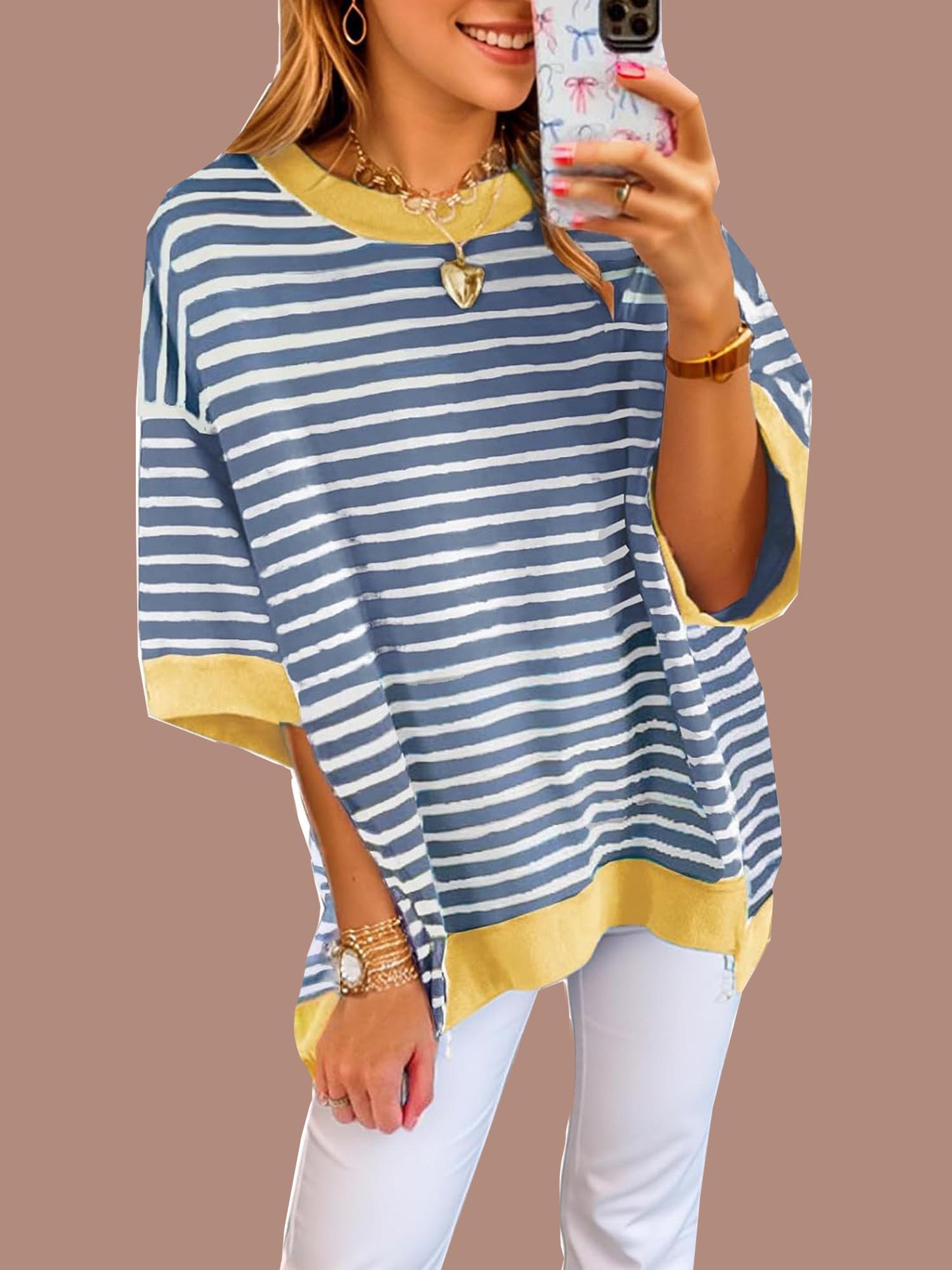 Women's Oversized Striped Color Block Half Sleeve Tops (Buy 2 Free Shipping)