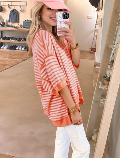 Women's Oversized Striped Color Block Half Sleeve Tops (Buy 2 Free Shipping)